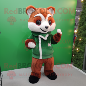 Forest Green Red Panda mascot costume character dressed with a Sweater and Mittens