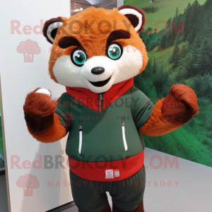 Forest Green Red Panda mascot costume character dressed with a Sweater and Mittens