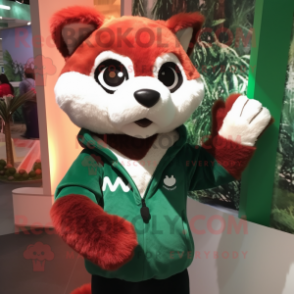 Forest Green Red Panda mascot costume character dressed with a Sweater and Mittens