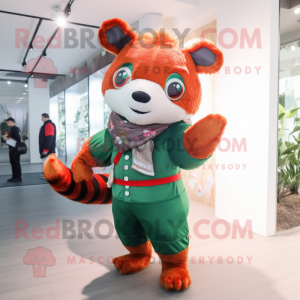 Forest Green Red Panda mascot costume character dressed with a Sweater and Mittens