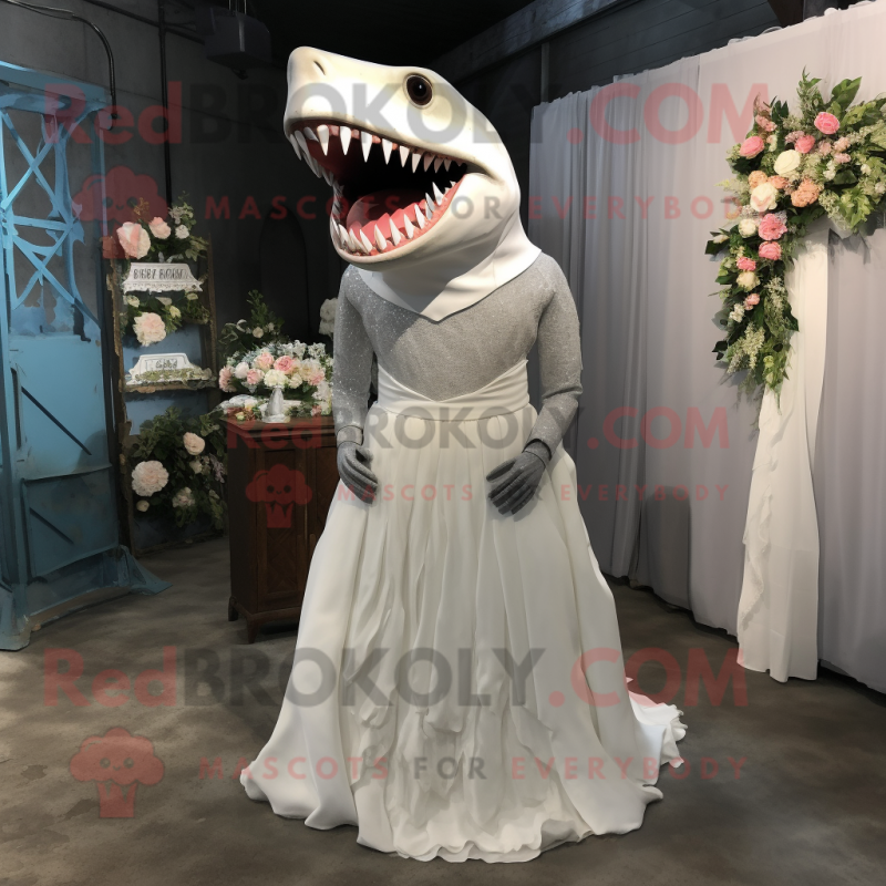 Gray Megalodon mascot costume character dressed with a Wedding Dress and Hair clips