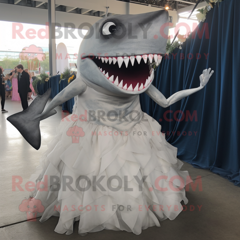 Gray Megalodon mascot costume character dressed with a Wedding Dress and Hair clips