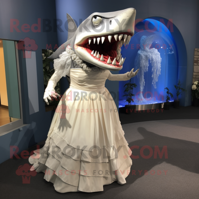 Gray Megalodon mascot costume character dressed with a Wedding Dress and Hair clips