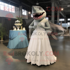Gray Megalodon mascot costume character dressed with a Wedding Dress and Hair clips
