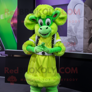 Lime Green Ram mascot costume character dressed with a Pencil Skirt and Mittens