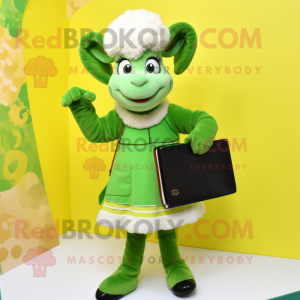 Lime Green Ram mascot costume character dressed with a Pencil Skirt and Mittens