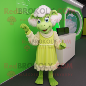 Lime Green Ram mascot costume character dressed with a Pencil Skirt and Mittens