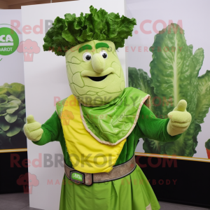 Green Caesar Salad mascot costume character dressed with a Waistcoat and Lapel pins