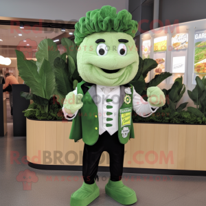 Green Caesar Salad mascot costume character dressed with a Waistcoat and Lapel pins