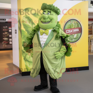 Green Caesar Salad mascot costume character dressed with a Waistcoat and Lapel pins