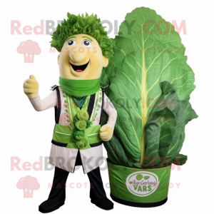 Green Caesar Salad mascot costume character dressed with a Waistcoat and Lapel pins