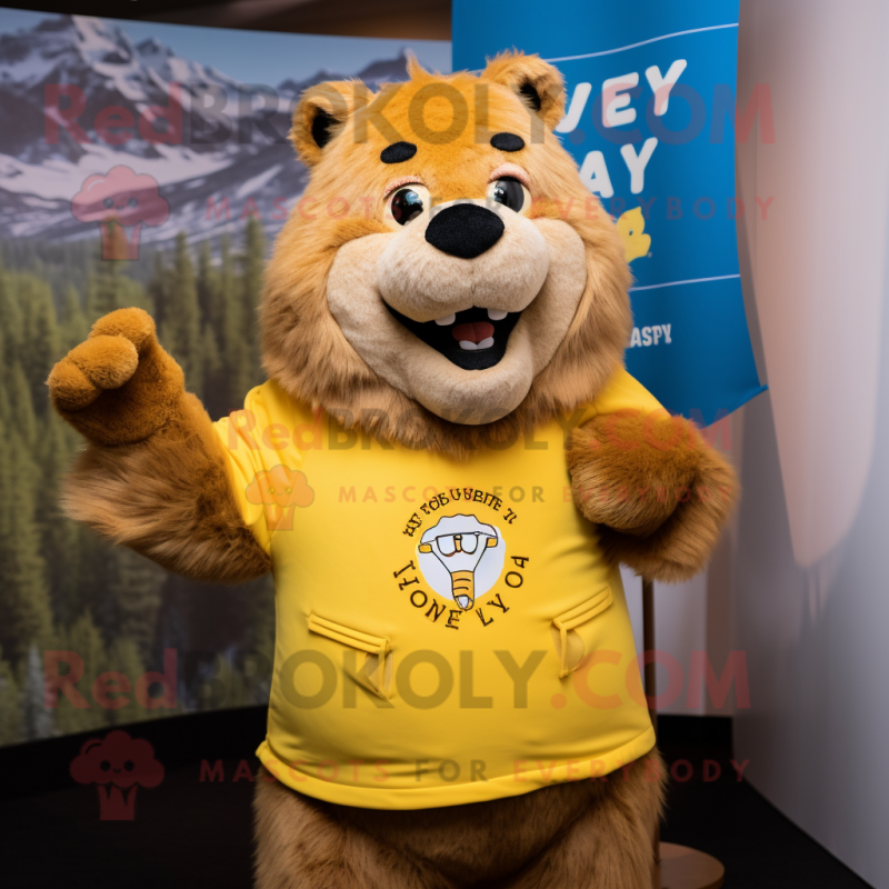 Yellow Beaver mascot costume character dressed with a Henley Tee and Rings