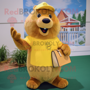 Yellow Beaver mascot costume character dressed with a Henley Tee and Rings