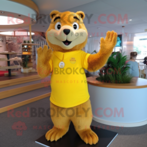 Yellow Beaver mascot costume character dressed with a Henley Tee and Rings