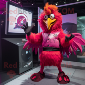 Magenta Roosters mascot costume character dressed with a Bodysuit and Rings