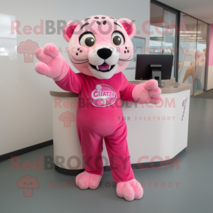 Pink Jaguar mascot costume character dressed with a Jeggings and Gloves