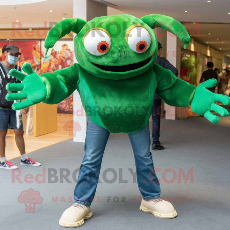 Forest Green Crab mascot costume character dressed with a Boyfriend Jeans and Gloves