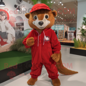 Red Mongoose mascot costume character dressed with a Windbreaker and Shoe laces