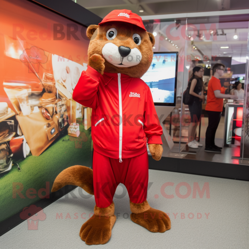 Red Mongoose mascot costume character dressed with a Windbreaker and Shoe laces