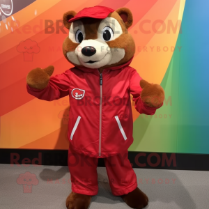 Red Mongoose mascot costume character dressed with a Windbreaker and Shoe laces