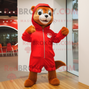 Red Mongoose mascot costume character dressed with a Windbreaker and Shoe laces