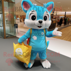 Cyan Flying Squirrel mascot costume character dressed with a Polo Tee and Tote bags