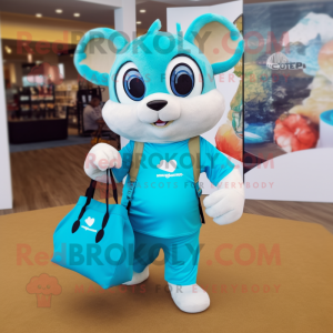 Cyan Flying Squirrel mascot costume character dressed with a Polo Tee and Tote bags