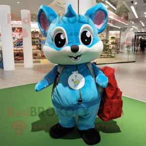 Cyan Flying Squirrel mascot costume character dressed with a Polo Tee and Tote bags