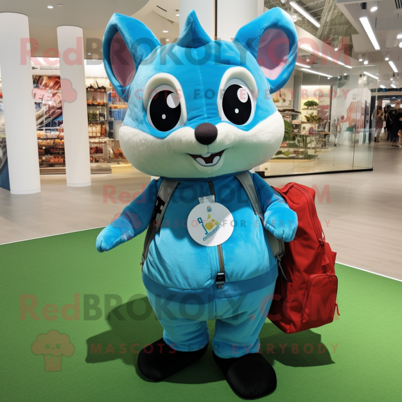 Cyan Flying Squirrel mascot costume character dressed with a Polo Tee and Tote bags Cyan Flying Squirrel mascot costume character dressed with a Polo Tee and Tote bags