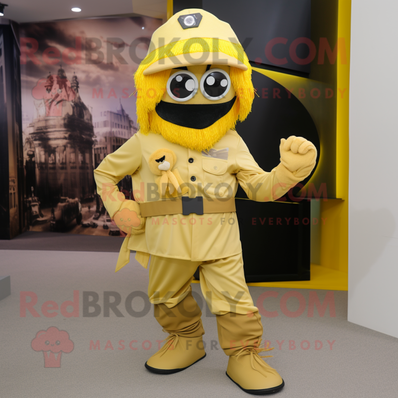 Gold Para Commando mascot costume character dressed with a Culottes and Ties