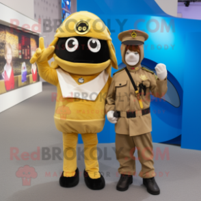 Gold Para Commando mascot costume character dressed with a Culottes and Ties