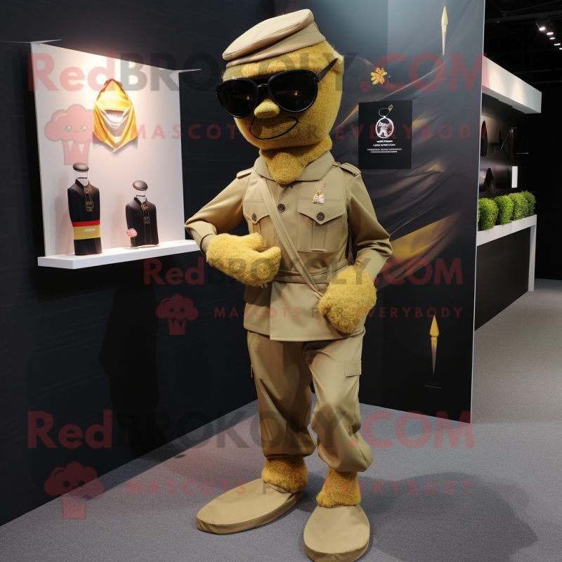 Gold Para Commando mascot costume character dressed with a Culottes and Ties