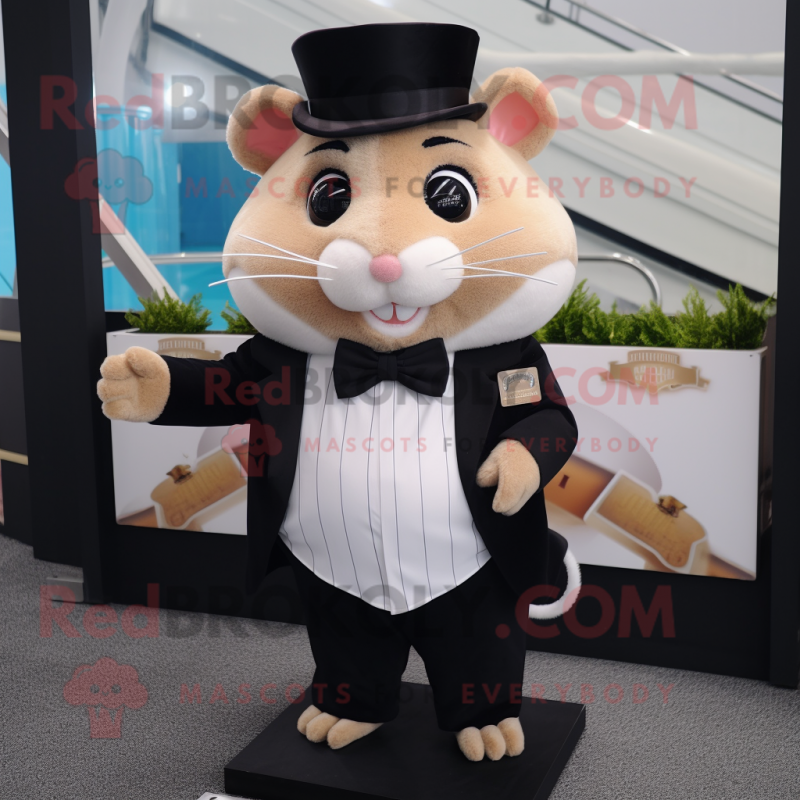 Tan Hamster mascot costume character dressed with a Tuxedo and Keychains Tan Hamster mascot costume character dressed with a Tuxedo and Keychains