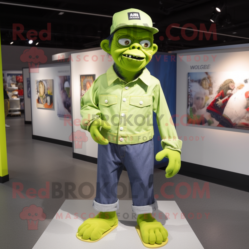 Lime Green Frankenstein mascot costume character dressed with a Denim Shorts and Caps Lime Green Frankenstein mascot costume character dressed with a Denim Shorts and Caps