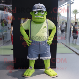 Lime Green Frankenstein mascot costume character dressed with a Denim Shorts and Caps