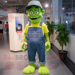 Lime Green Frankenstein mascot costume character dressed with a Denim Shorts and Caps