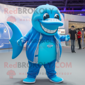 Blue Whale mascot costume character dressed with a Graphic Tee and Rings