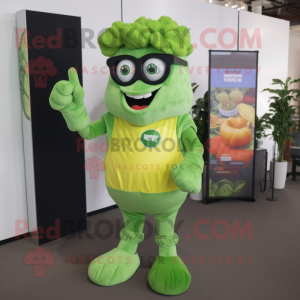 Lime Green Broccoli mascot costume character dressed with a Jeans and Eyeglasses