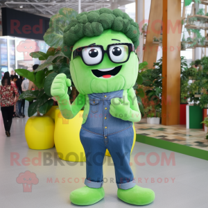 Lime Green Broccoli mascot costume character dressed with a Jeans and Eyeglasses