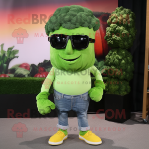 Lime Green Broccoli mascot costume character dressed with a Jeans and Eyeglasses