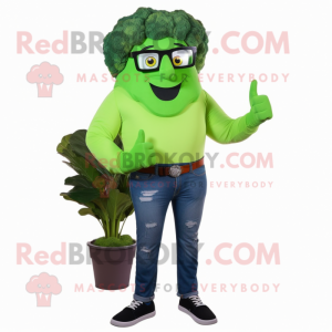 Lime Green Broccoli mascot costume character dressed with a Jeans and Eyeglasses