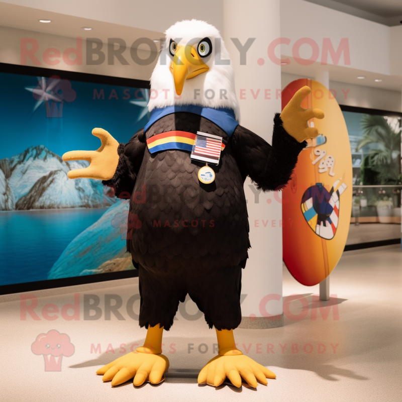 Black Bald Eagle mascot costume character dressed with a Board Shorts and Brooches Black Bald Eagle mascot costume character dressed with a Board Shorts and Brooches