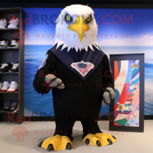 Black Bald Eagle mascot costume character dressed with a Board Shorts and Brooches