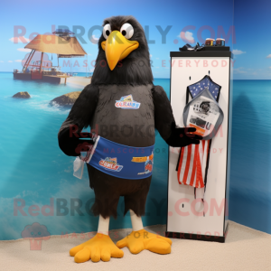 Black Bald Eagle mascot costume character dressed with a Board Shorts and Brooches