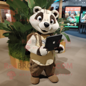 Tan Badger mascot costume character dressed with a Graphic Tee and Messenger bags