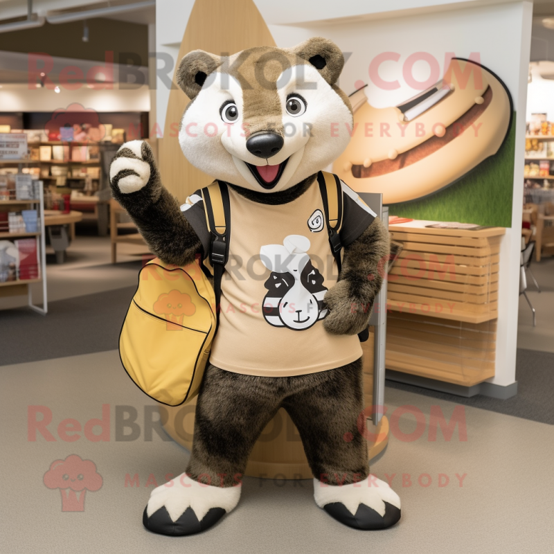 Tan Badger mascot costume character dressed with a Graphic Tee and Messenger bags