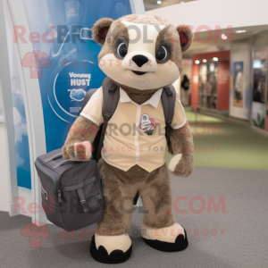 Tan Badger mascot costume character dressed with a Graphic Tee and Messenger bags