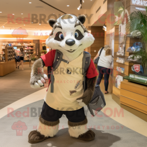 Tan Badger mascot costume character dressed with a Graphic Tee and Messenger bags