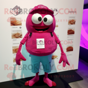 Magenta Crab Cakes mascot costume character dressed with a Oxford Shirt and Lapel pins