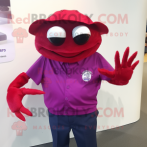 Magenta Crab Cakes mascot costume character dressed with a Oxford Shirt and Lapel pins